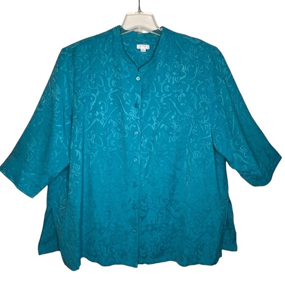 Erin Jacquard Floral Print Linen Blend Tunic Top Plus 3X 3/4 Sleeve Blue Button - Picture 2 of 14